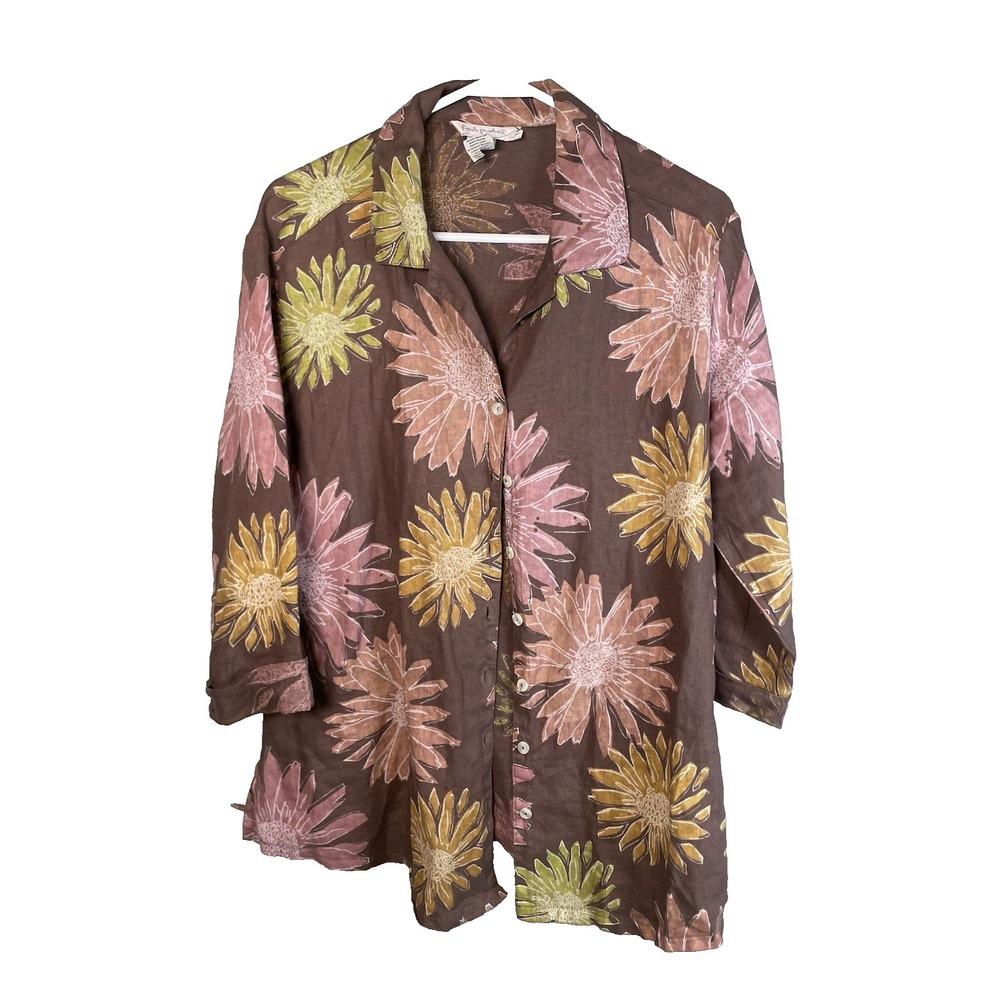 Fresh Produce Linen Button Up Shirt Small Brown Floral Beach Vacation Blouse Top - Picture 1 of 9